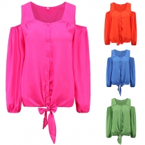 Concise Style Solid Color V-neck Cold Shoulder Long Sleeve Chiffon Tops
