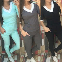 Casual Style Contrast Color V-neck Half Sleeve Sports Suit
