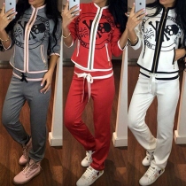 Fashion Letters Printed Front Zipper Long Sleeve Tops and Pants Two-piece Set