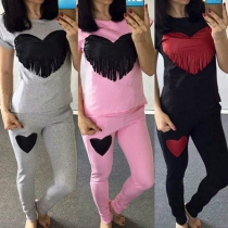 Trendy Heart-shaped Tassel Spliced Short Sleeve Tops and Pants Two-piece Set