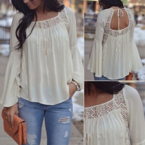 Sexy Lace Spliced Bell Sleeve Backless Chiffon Tops