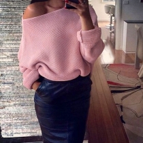 Sexy Solid Color Boat Neck Bat Long Sleeve Loose-fitting Sweater