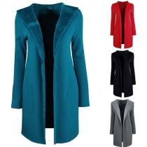 Fashion Solid Color Two-side Pockets Long Sleeve Hooded Knit Cardigan