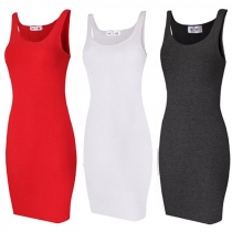 Concise Style Solid Color Round Neck Sleeveless Sling Dress