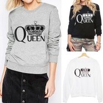 Casual Style Crown Printed Round Neck Long Sleeve Sweatshirt For Women