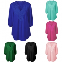 Stylish Solid Color Lace Spliced V-neck 3/4 Sleeve Chiffon Tops
