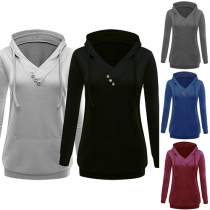 Casual Style Solid Color Front Pocket V-neck Hooded Long Sleeve Sweatshirt