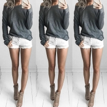 Casual Style Solid Color Long Sleeve Oblique Shoulder Loose-fitting T-shirt