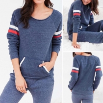 Casual Style Striped Long Sleeve Front Pocket Tops and Pants Two-piece Set