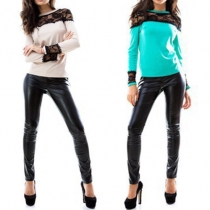 Sexy Lace Spliced Round Neck Long Sleeve Slim-fitting T-shirt