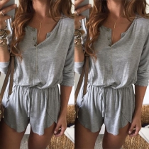 Casual Style Solid Color Buttons Round Neck Long Sleeve Drawstring Waist Romper