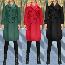 Fashion Solid Color Lapel Double-breasted Long Sleeve Gathered Waist Trench Coat