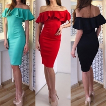Sexy Solid Color Off Shoulder Backless Ruffle Bodycon Dress
