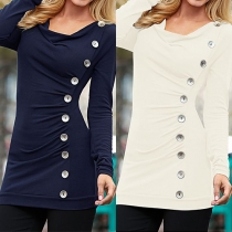 Fashion Solid Color Side Button Down Pile Collar Long Sleeve Tops
