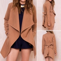 Trendy Solid Color Knotted Lapel Long Sleeve Woolen Trench Coat