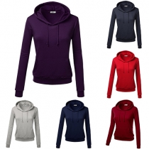 Casual Style Solid Color Front Pocket Long Sleeve Hooded Sweatshirt For Women