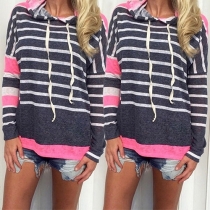 Fashion Contrast Color Striped Long Sleeve Hooded T-shirt
