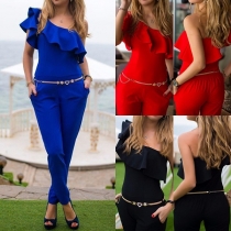 Sexy Solid Color Ruffle Oblique Shoulder Slim Fit Jumpsuit