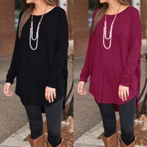 Casual Style Solid Color Round Neck Long Sleeve Side Slit T-shirt