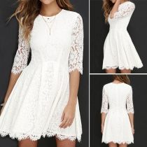 Elegant Round Neck Half Sleeve Lace Hollow Out Dress