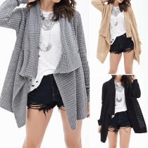 Fashion Solid Color Hollow Out Long Sleeve Irregular Knit Cardigan Sweater