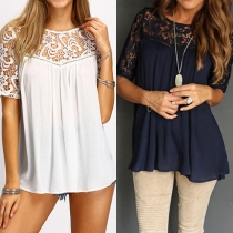 Fashion Solid Color Crochet Lace Hollow Out Round Neck Half Sleeve Tops