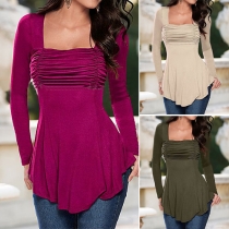 Sexy Solid Color Low-cut Crinkle Long Sleeve Tops