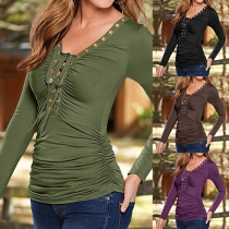 Sexy Solid Color Lace-up V-neck Long Sleeve Crinkle Slim-fitting Tops