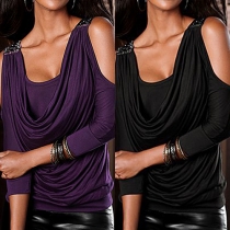 Sexy Solid Color Piles Collar Cold Shoulder 3/4 Sleeve Tops
