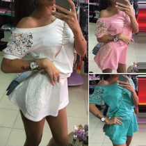 Casual Style Lace Spliced Short Sleeve Tops and Skort Two Piece Set