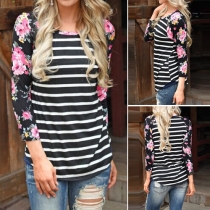 Fashion Floral Printed Round Neck Long Sleeve Striped T-shirt
