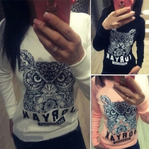 Casual Style Owl Printed Round Neck Long Sleeve Sweatshirt For Women