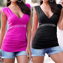 Sexy Solid Color Hotfix Rhinestone Deep V-neck Sleeveless Knotted T-shirt
