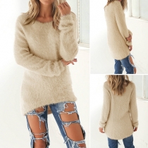 Casual Style Solid Color Round Neck Long Sleeve High-low Fuzzy Tops