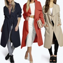 Fashion Solid Color Lapel Long Sleeve Trench Coat with Waist Strap