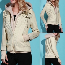 Casual Style Contrast Color 2-side Zipper Pockets Long Sleeve Hooded Sweatshirt