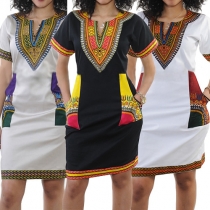 Ethnic Style Printed V-neck Short Sleeve 2-side Pockets Back Slit Slim-fitting Dress