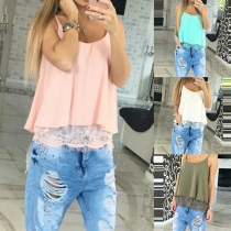 Casual Style Solid Color Lace Spliced Low-cut Sleeveless Sling Tops