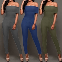 Sexy Solid Color Short Sleeve Off Shoulder Backless Bodycon Jumpsuit