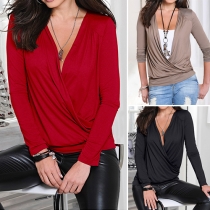 Sexy Solid Color Cross Deep V-neck Long Sleeve T-shirt