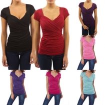 Sexy Solid Color V-neck Short Sleeve Crinkle Slim-fitting T-shirt
