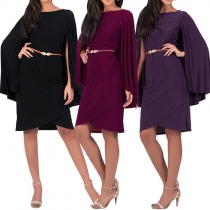 Elegant Solid Color Round Neck Irregular Hemline Cloak Dress