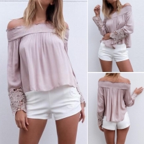 Sexy Solid Color Lace Spliced Off Shoulder Long Sleeve Loose-fitting Chiffon Tops
