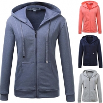 Casual Style Solid Color Front Zipper Hooded Long Sleeve Sweatshirt For Women
