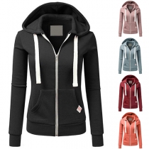 Casual Style Solid Color Front Zipper Hooded Long Sleeve Sweatshirt For Women