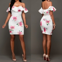 Sexy Printed Off Shoulder Backless Ruffle Bodycon Dress