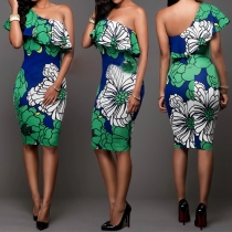 Sexy Flowers Printed Oblique Shoulder Ruffle Bodycon Dress