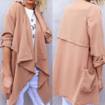 Trendy Solid Color Button-tab Sleeve Irregular Hemline Trench Coat For Women