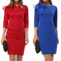Elegant Solid Color Bowknot Round Neck 3/4 Sleeve High Waist Slim-fitting Dress
