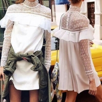 Sexy Solid Color Mock Neck Long Sleeve Lace Spliced Hollow Out Dress